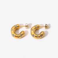 Special-shaped Hammer Pattern Inlaid Zirconium C-shaped Earrings 18k Gold-plated Stainless Steel Earrings main image 6