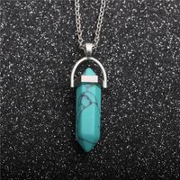 Fashion Stainless Steel Chain Turquoise Hexagonal Column Pendant Necklace sku image 1