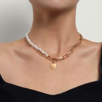 Fashion Glossy Peach Heart Pendant Double Thick Chain Pearl Love Necklace sku image 1