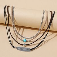 Creative National Style Natural Stone Feather Leather Necklace Set main image 1