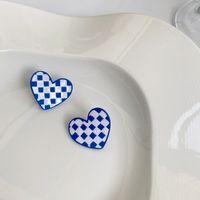 Creative Checkerboard Blue White Plaid Heart-shaped Alloy Earrings main image 1