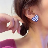 Creative Checkerboard Blue White Plaid Heart-shaped Alloy Earrings main image 3