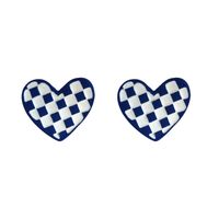 Creative Checkerboard Blue White Plaid Heart-shaped Alloy Earrings main image 6