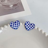 Creative Checkerboard Blue White Plaid Heart-shaped Alloy Earrings sku image 1