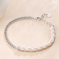 New S925 Sterling Silver Pearl Bracelet Female Side Stitching Beads Bracelet sku image 1