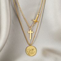 Fashion Cross Round Card Double-layer Hip-hop Titanium Steel Necklace Sweater Chain main image 2