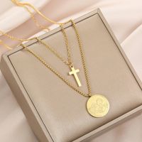 Fashion Cross Round Card Double-layer Hip-hop Titanium Steel Necklace Sweater Chain main image 5