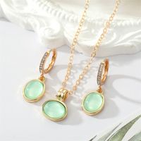 European Retro Simple Green Oval Opal Rhinestone Earrings Necklace Wholesale main image 1