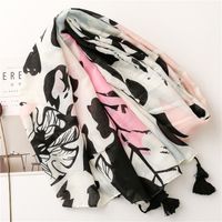 Wholesale Tropical Plant Flower Printing Cotton And Linen Beach Towel Long Hanging Tassel Shawl main image 3