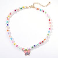 Korean Style Fashion Drip Oil Butterfly Pendant Necklace Colorful Pearl Clavicle Chain sku image 1