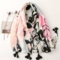 Wholesale Tropical Plant Flower Printing Cotton And Linen Beach Towel Long Hanging Tassel Shawl sku image 1
