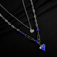 Klein Blue Double Layered Heart Collarbone Chain Hip-hop Multi-layer Necklace main image 4