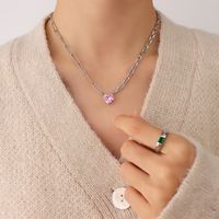 Korean New Trendy Pink Zircon Inlaid Heart Pendant Titanium Steel Necklace sku image 1