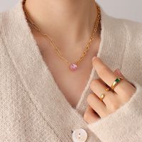 Korean New Trendy Pink Zircon Inlaid Heart Pendant Titanium Steel Necklace sku image 2