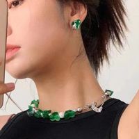 Irregular Green Crystal Beaded Clavicle Necklace Emerald Stud Earrings main image 5