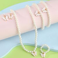 Children's Jewelry Korean Simple Style Butterfly Pearl Necklace Ring Bracelet Earring Set main image 3