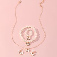 New Butterfly Pendant Pearl Bracelet Children's Ring Earrings Jewelry Set Wholesale main image 3
