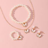 New Butterfly Pendant Pearl Bracelet Children's Ring Earrings Jewelry Set Wholesale main image 4