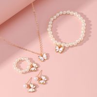 New Butterfly Pendant Pearl Bracelet Children's Ring Earrings Jewelry Set Wholesale main image 5