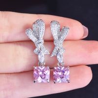 Fashion Pink Yellow Diamond Pendant Full Diamond Bow Copper Earrings main image 5