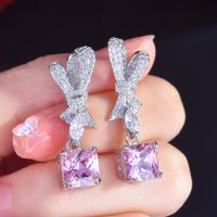 Fashion Pink Yellow Diamond Pendant Full Diamond Bow Copper Earrings main image 6