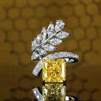 Fashion Inlaid Zircon Leaf Yellow Diamond Ring Ice Flower Copper Ring main image 1