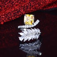 Fashion Inlaid Zircon Leaf Yellow Diamond Ring Ice Flower Copper Ring main image 3