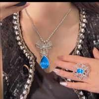 Light Luxury Full Diamond Topaz Blue Suit Bow Necklace Earrings Ring Female main image 3