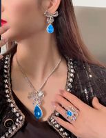 Light Luxury Full Diamond Topaz Blue Suit Bow Necklace Earrings Ring Female main image 4