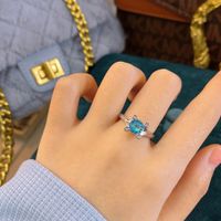Fashion Aquamarine Ring Simple Diamond Ring Opening Copper Ring main image 5