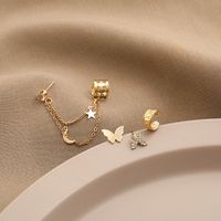 New Full Diamond Butterfly Golden Star Moon C-shaped Alloy Ear Bone Clip 4-piece Set main image 4