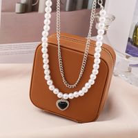 Creative Simple Multi-layer Black Heart Double-layer Pearl Chain Alloy Necklace main image 5