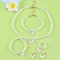 Children's Jewelry Korean Simple Style Butterfly Pearl Necklace Ring Bracelet Earring Set sku image 1