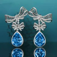 Light Luxury Full Diamond Topaz Blue Suit Bow Necklace Earrings Ring Female sku image 3
