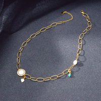 Vintage Hollow Chain Circle Pendant Turquoise Pearl Trend Titanium Steel Necklace sku image 1