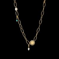 Vintage Hollow Chain Circle Pendant Turquoise Pearl Trend Titanium Steel Necklace main image 6