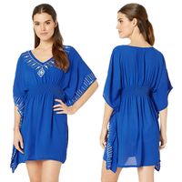 Cotton Sapphire Blue Embroidered Bikini Blouse Holiday Sun Protection Clothing main image 5