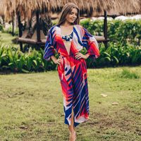Red And Blue Striped Rayon Cardigan Bikini Swimsuit Outer Blouse Coat Sunscreen Shirt main image 1