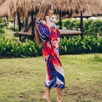 Red And Blue Striped Rayon Cardigan Bikini Swimsuit Outer Blouse Coat Sunscreen Shirt main image 4