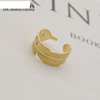 French Feather Opening Adjustment Ring Titanium Steel 14k Gold Leaf Ring main image 3