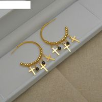 Fashion C-shaped Cross Earrings Black Diamonds Titanium Steel Earring main image 2