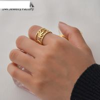 14k Gold French Simple Open Ring Titanium Steel Leaves Hollow Ring main image 3