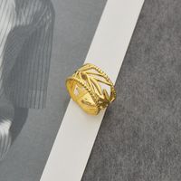 14k Gold French Simple Open Ring Titanium Steel Leaves Hollow Ring main image 5