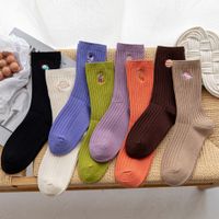 Simple Solid Color Long-tube Embroidery Pile Cotton Socks main image 1
