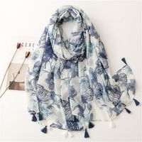 Simple Fashion Scarf Ladies Rendering Ink Painting Blue Butterfly Tassel Scarf Shawl main image 1
