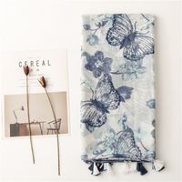 Simple Fashion Scarf Ladies Rendering Ink Painting Blue Butterfly Tassel Scarf Shawl main image 3