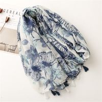 Simple Fashion Scarf Ladies Rendering Ink Painting Blue Butterfly Tassel Scarf Shawl main image 4