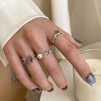 Retro Pearl Three-piece Ring Female Butterfly Leaf Silver Plated Copper Ring main image 1