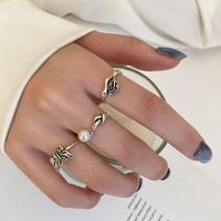Retro Pearl Three-piece Ring Female Butterfly Leaf Silver Plated Copper Ring main image 3