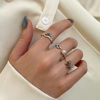 Retro Pearl Three-piece Ring Female Butterfly Leaf Silver Plated Copper Ring main image 4